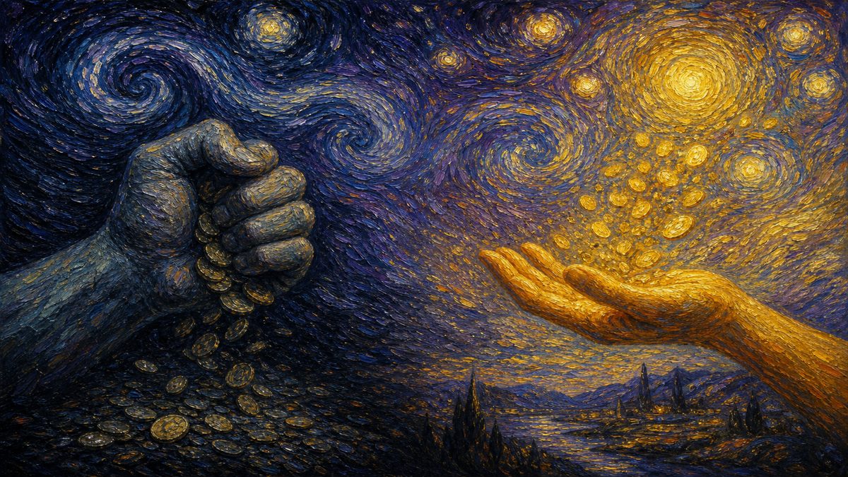 A painterly diptych moving from a clenched cold fist to an open warm hand.