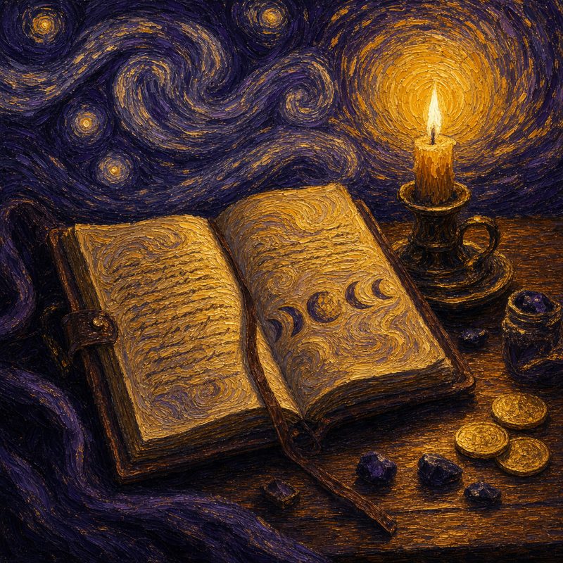 A painterly still life of The Money Reset journal, candle, coins, and ritual materials.